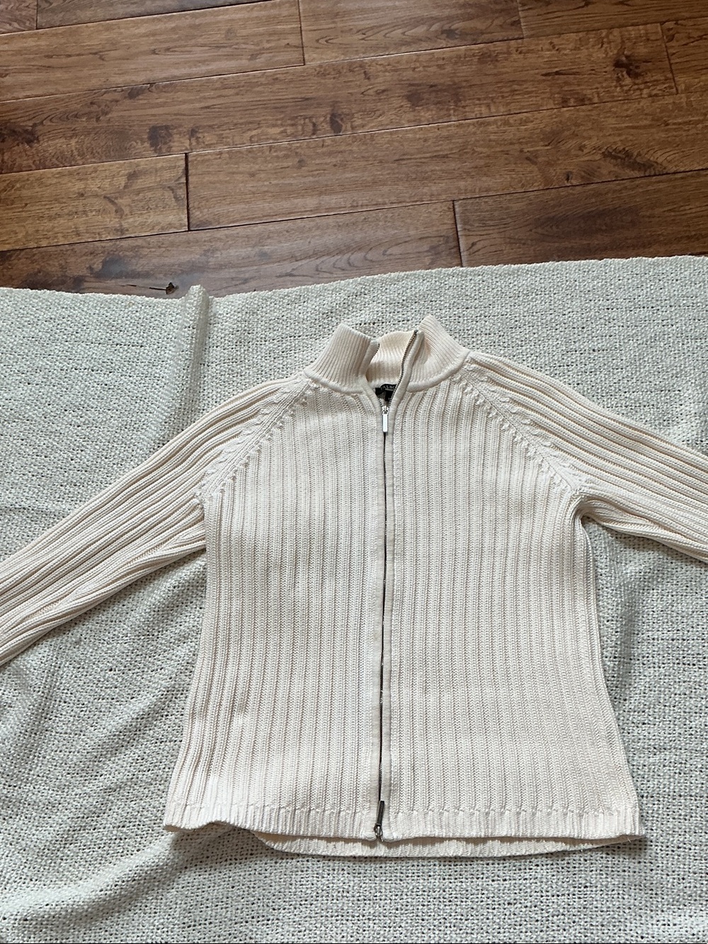 Cream Rib-Knit Zip Cardigan Sweater - TALBOTS